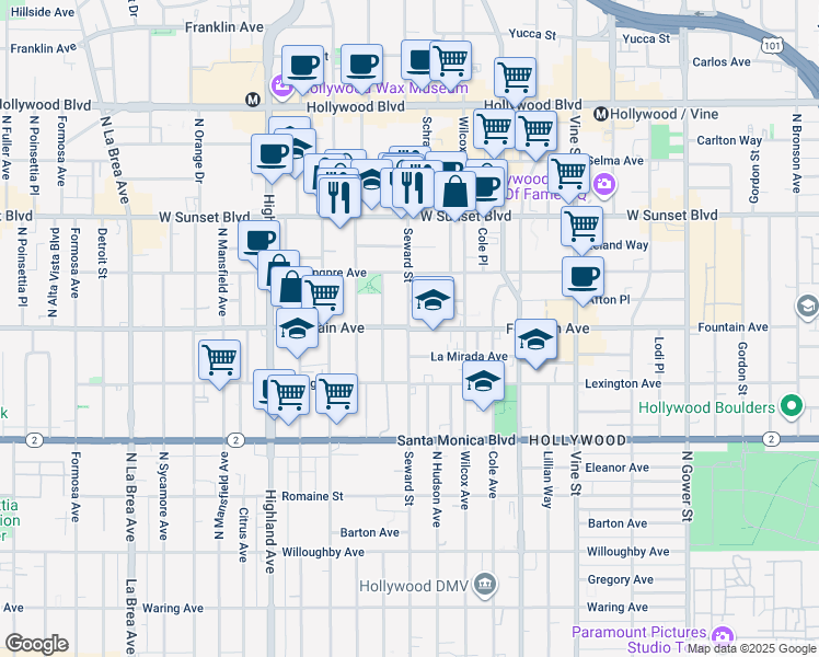 map of restaurants, bars, coffee shops, grocery stores, and more near Fountain Avenue & Seward Street in Los Angeles