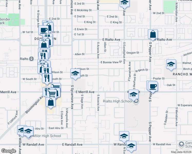 map of restaurants, bars, coffee shops, grocery stores, and more near 345 South Acacia Avenue in Rialto