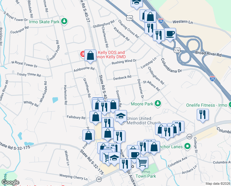 map of restaurants, bars, coffee shops, grocery stores, and more near 100 Sonning Road in Irmo