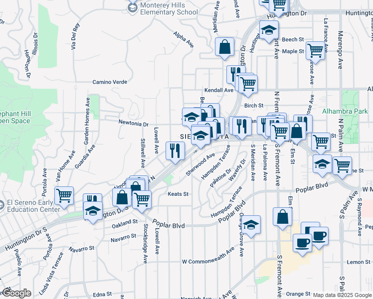map of restaurants, bars, coffee shops, grocery stores, and more near 5533 Huntington Drive North in Los Angeles