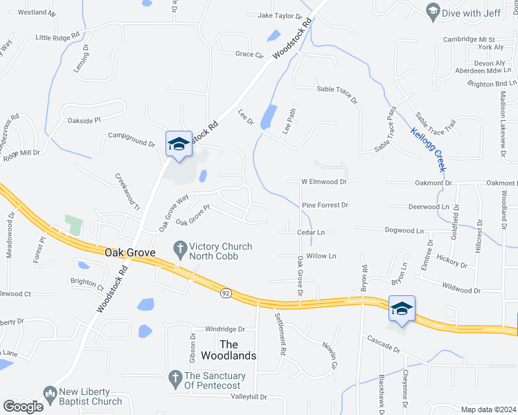 map of restaurants, bars, coffee shops, grocery stores, and more near 204 Oak Grove Lane in Acworth
