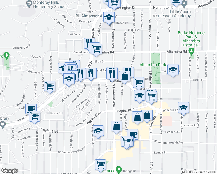 map of restaurants, bars, coffee shops, grocery stores, and more near 18 La Paloma Avenue in Alhambra