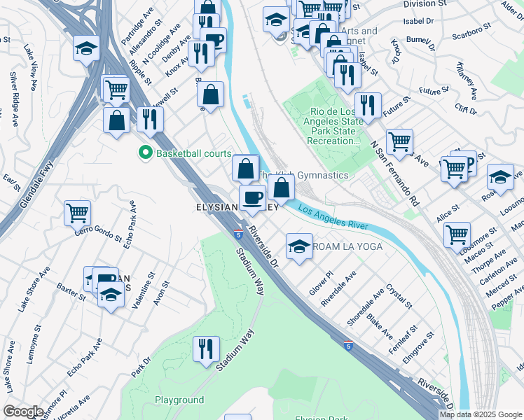 map of restaurants, bars, coffee shops, grocery stores, and more near 1625 Blake Avenue in Los Angeles