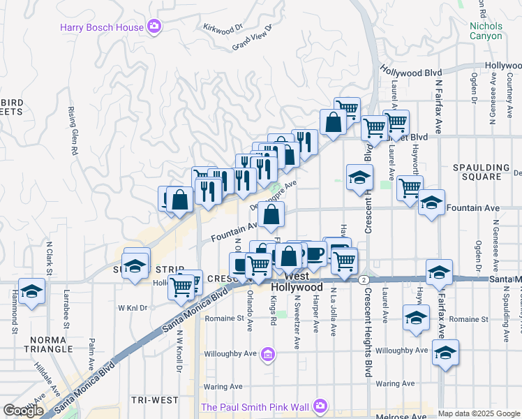 map of restaurants, bars, coffee shops, grocery stores, and more near 8430 De Longpre Avenue in West Hollywood