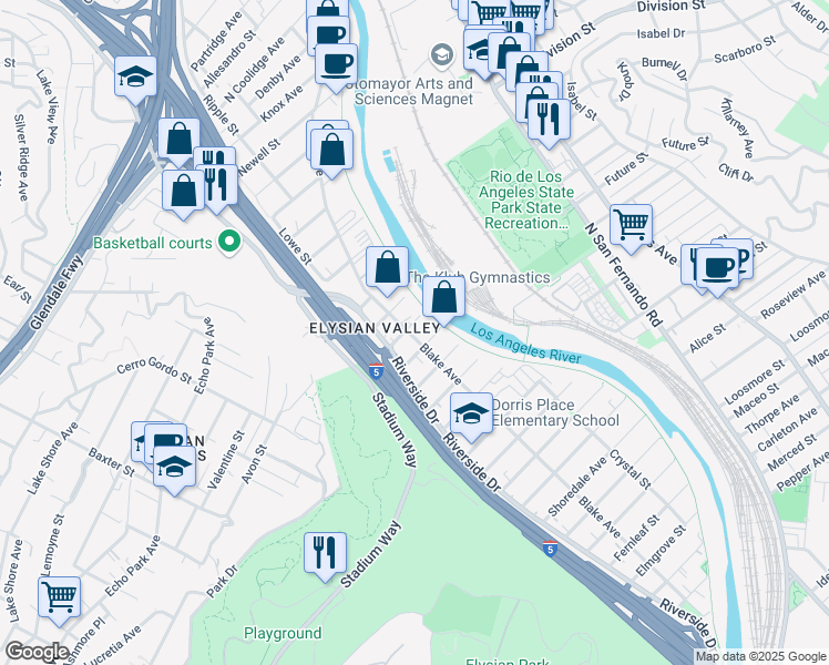map of restaurants, bars, coffee shops, grocery stores, and more near 1625 Blake Avenue in Los Angeles