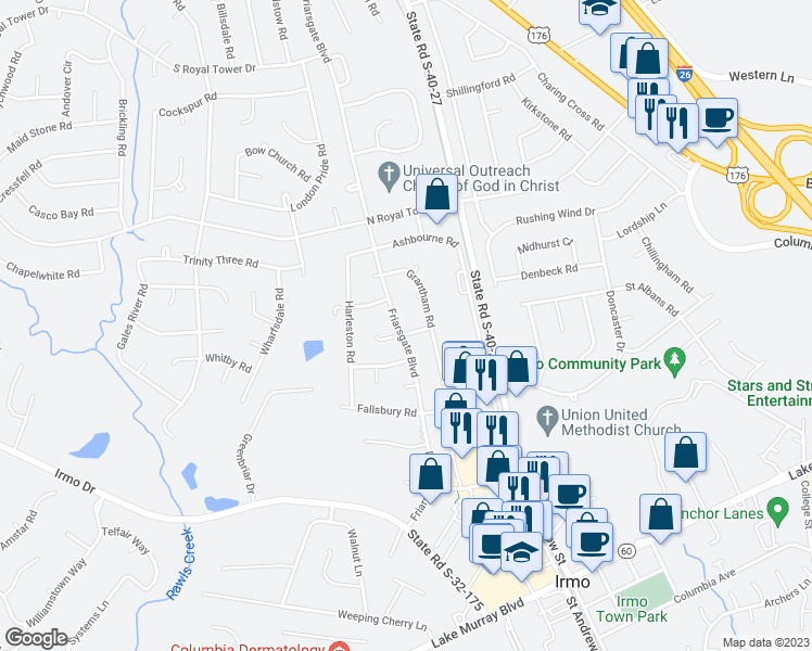 map of restaurants, bars, coffee shops, grocery stores, and more near 501 Friarsgate Boulevard in Irmo