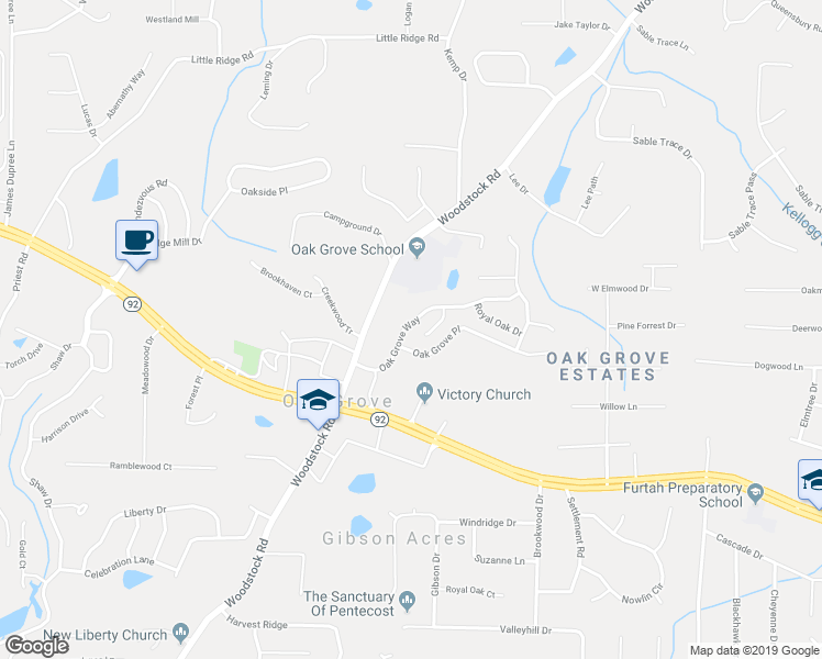map of restaurants, bars, coffee shops, grocery stores, and more near 212 Oak Grove Way in Acworth