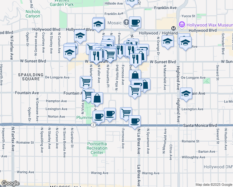 map of restaurants, bars, coffee shops, grocery stores, and more near Fountain Ave & N Alta Vista Blvd in Los Angeles