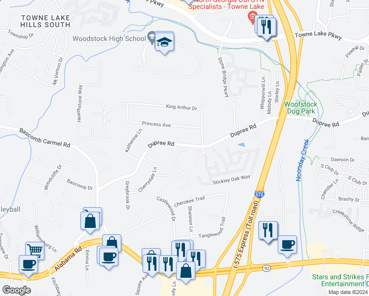 map of restaurants, bars, coffee shops, grocery stores, and more near 135 Lexington Court in Woodstock