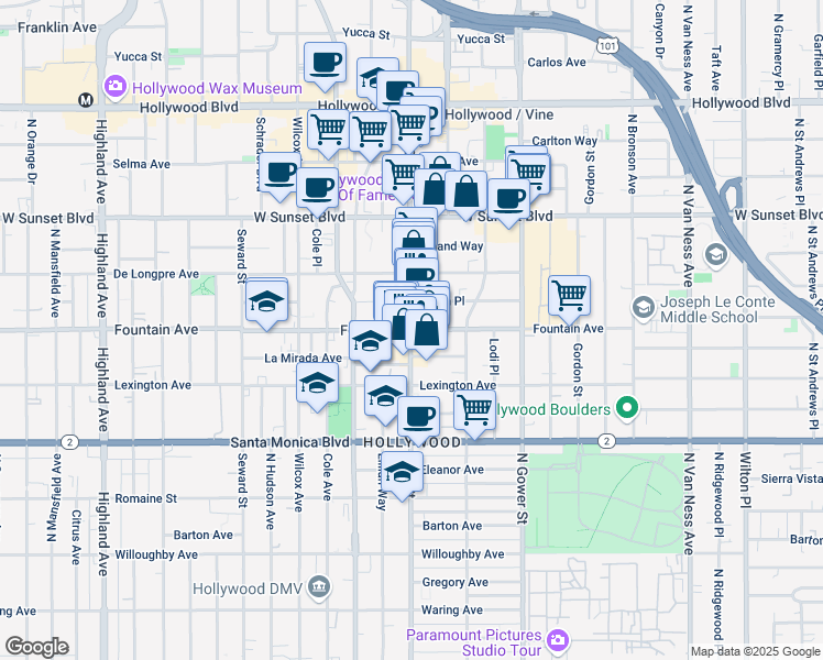 map of restaurants, bars, coffee shops, grocery stores, and more near Fountain Ave & Vine St in Los Angeles