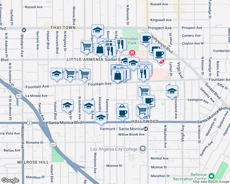 map of restaurants, bars, coffee shops, grocery stores, and more near 1225 North Edgemont Street in Los Angeles