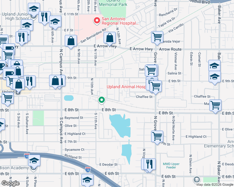 map of restaurants, bars, coffee shops, grocery stores, and more near 168 North 12th Avenue in Upland