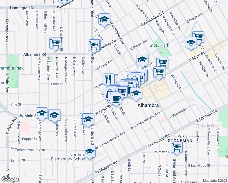 map of restaurants, bars, coffee shops, grocery stores, and more near 32 North 4th Street in Alhambra