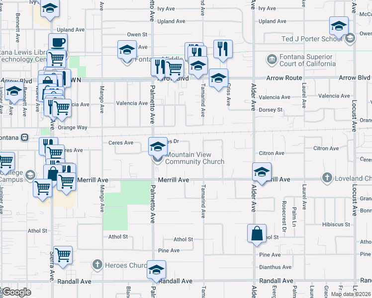 map of restaurants, bars, coffee shops, grocery stores, and more near 17430 Ceres Drive in Fontana