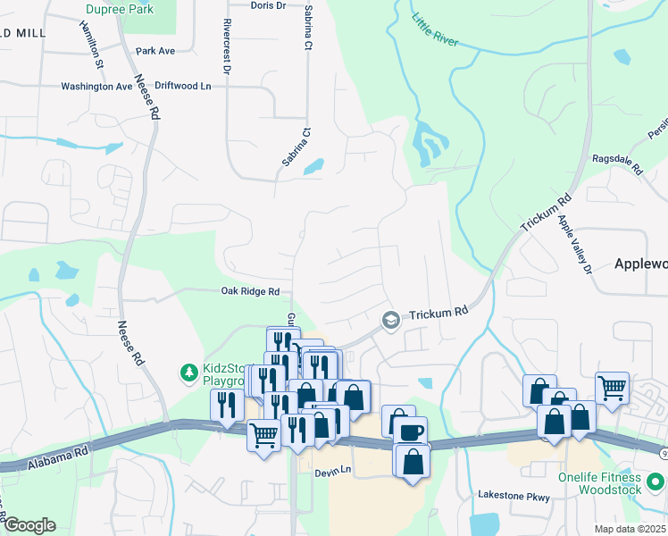 map of restaurants, bars, coffee shops, grocery stores, and more near 703 Verneer Court in Woodstock
