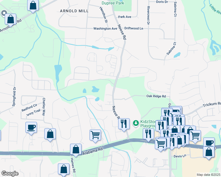 map of restaurants, bars, coffee shops, grocery stores, and more near 756 Neese Road in Woodstock