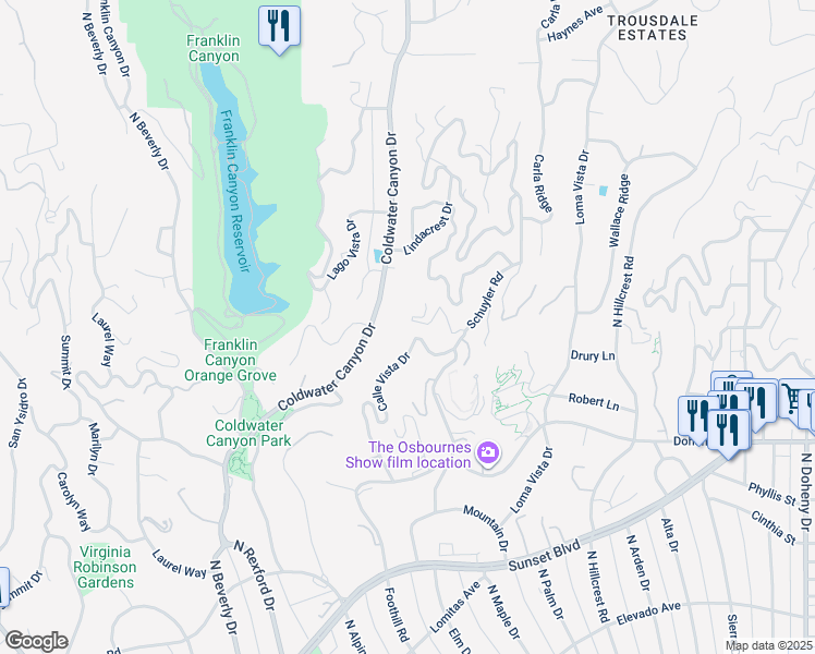 map of restaurants, bars, coffee shops, grocery stores, and more near 1131 Miradero Road in Beverly Hills