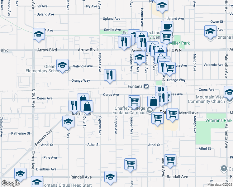 map of restaurants, bars, coffee shops, grocery stores, and more near 16616 Ceres Ave in Fontana