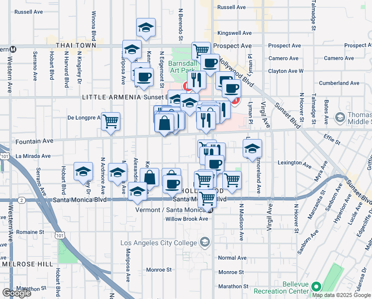 map of restaurants, bars, coffee shops, grocery stores, and more near 1230 North Berendo Street in Los Angeles