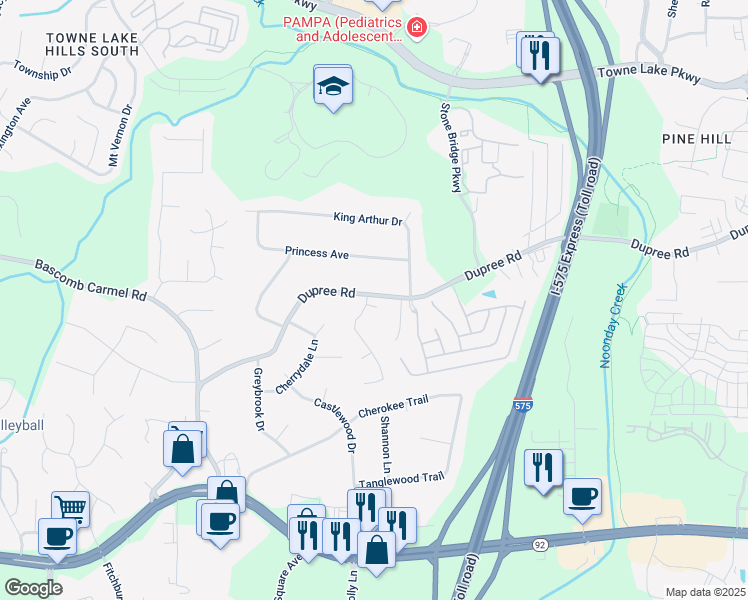 map of restaurants, bars, coffee shops, grocery stores, and more near 1482 Dupree Road in Woodstock