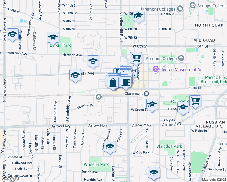 map of restaurants, bars, coffee shops, grocery stores, and more near 127 North Oberlin Avenue in Claremont