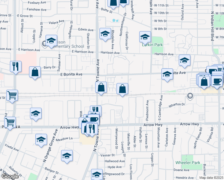 map of restaurants, bars, coffee shops, grocery stores, and more near 2722 Valor Lane in Pomona