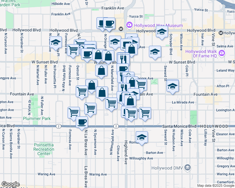 map of restaurants, bars, coffee shops, grocery stores, and more near Fountain Avenue & North Citrus Avenue in Los Angeles