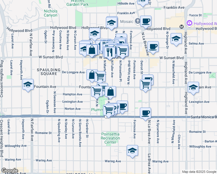 map of restaurants, bars, coffee shops, grocery stores, and more near Fountain Ave & N Fuller Ave in West Hollywood
