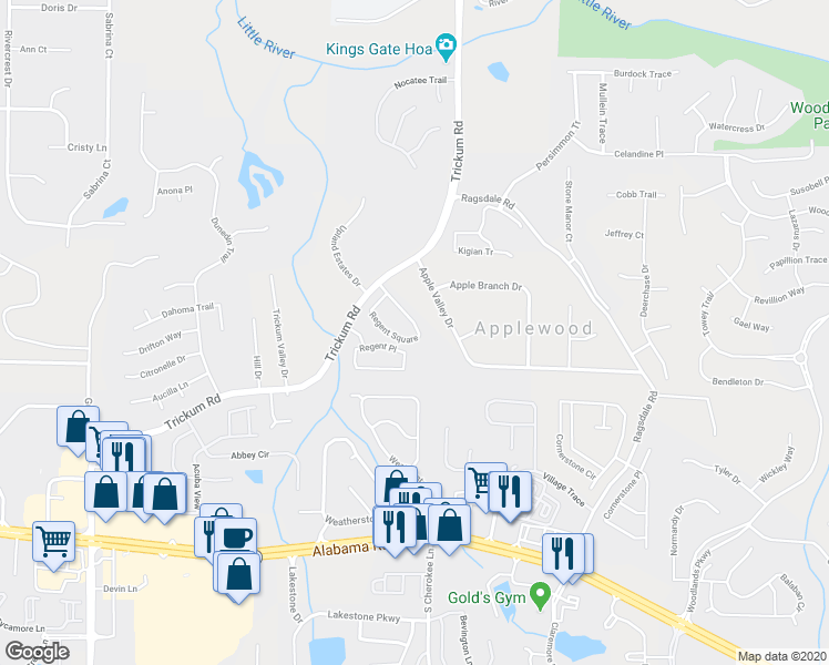 map of restaurants, bars, coffee shops, grocery stores, and more near 242 Regent Square in Woodstock