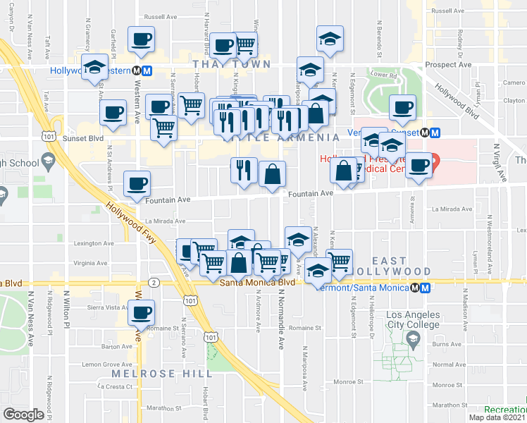 map of restaurants, bars, coffee shops, grocery stores, and more near 1259 North Ardmore Avenue in Los Angeles