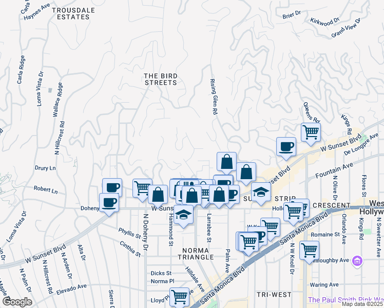 map of restaurants, bars, coffee shops, grocery stores, and more near 1355 Devlin Drive in Los Angeles