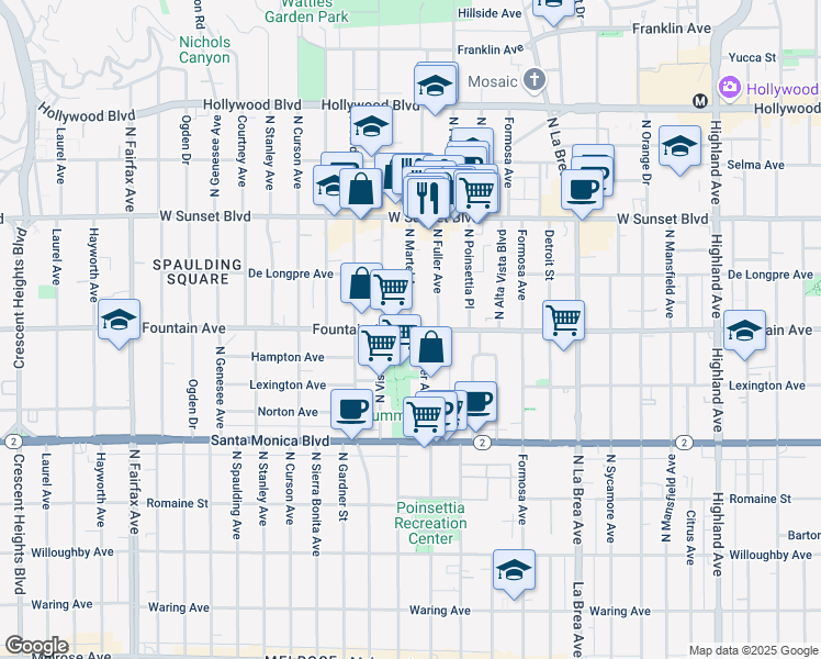 map of restaurants, bars, coffee shops, grocery stores, and more near Fountain Avenue & North Martel Avenue in Los Angeles