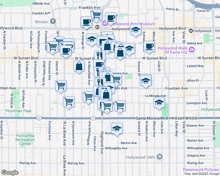 map of restaurants, bars, coffee shops, grocery stores, and more near Fountain Ave & N McCadden Pl in Los Angeles