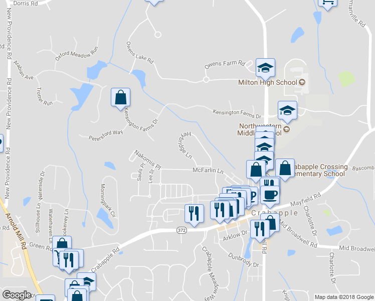 map of restaurants, bars, coffee shops, grocery stores, and more near 3123 Heybridge Lane in Alpharetta
