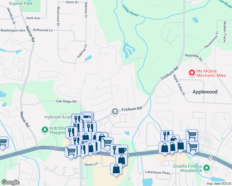 map of restaurants, bars, coffee shops, grocery stores, and more near 646 Dahoma Trail in Woodstock
