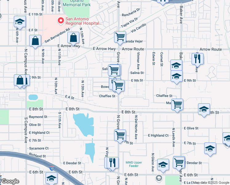 map of restaurants, bars, coffee shops, grocery stores, and more near in Upland