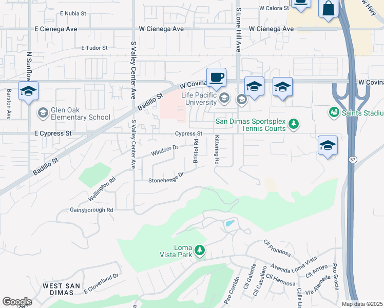 map of restaurants, bars, coffee shops, grocery stores, and more near 913 Bristol Road in San Dimas