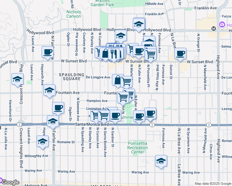 map of restaurants, bars, coffee shops, grocery stores, and more near Fountain Ave & N Gardner St in Los Angeles