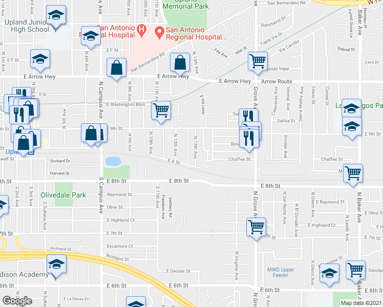 map of restaurants, bars, coffee shops, grocery stores, and more near 168 North 12th Avenue in Upland