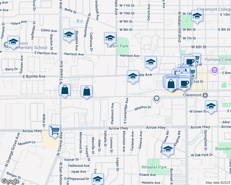 map of restaurants, bars, coffee shops, grocery stores, and more near 142 North Mountain Avenue in Claremont