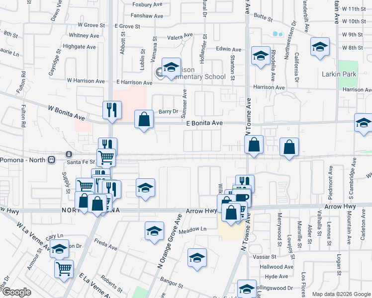 map of restaurants, bars, coffee shops, grocery stores, and more near 2723 Vine Street in Pomona