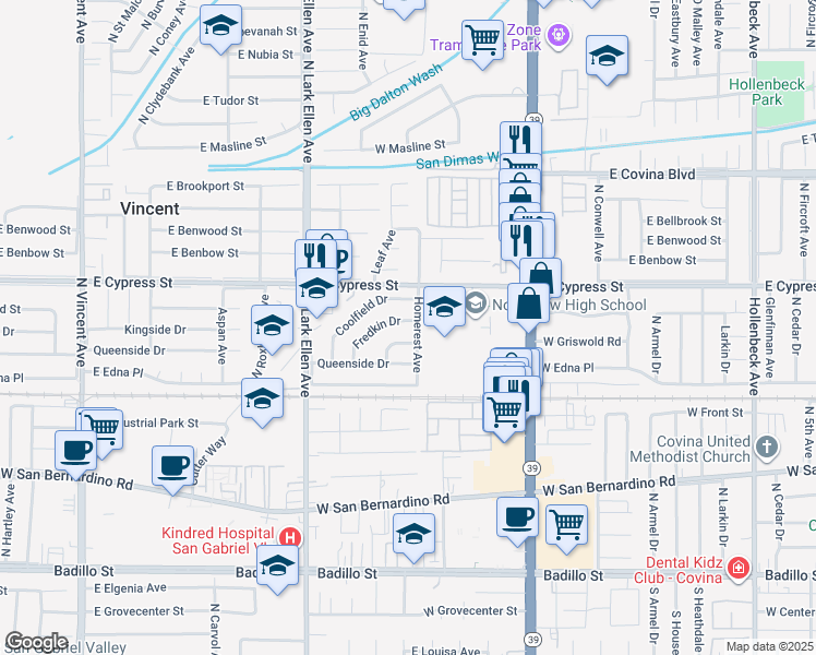 map of restaurants, bars, coffee shops, grocery stores, and more near 1108 Coolfield Drive in Covina