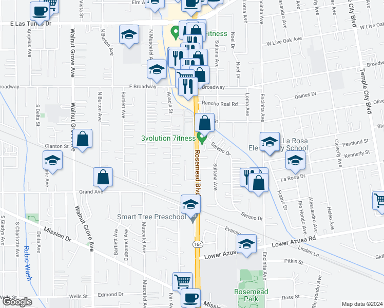 map of restaurants, bars, coffee shops, grocery stores, and more near 5221 California 19 in San Gabriel