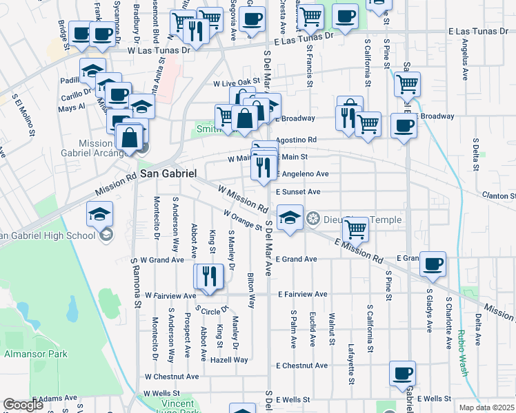 map of restaurants, bars, coffee shops, grocery stores, and more near 135 West Mission Road in San Gabriel