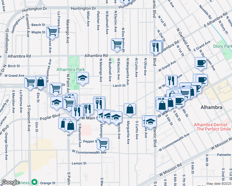 map of restaurants, bars, coffee shops, grocery stores, and more near in Alhambra
