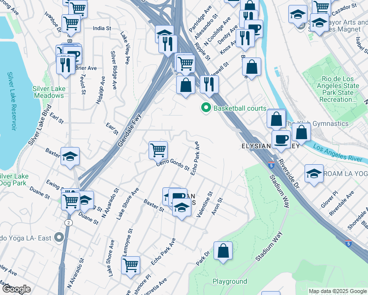 map of restaurants, bars, coffee shops, grocery stores, and more near 2459 Echo Park Avenue in Los Angeles