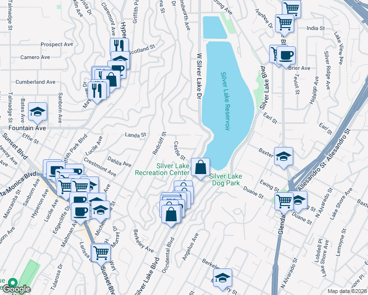 map of restaurants, bars, coffee shops, grocery stores, and more near 3040 Landa Street in Los Angeles