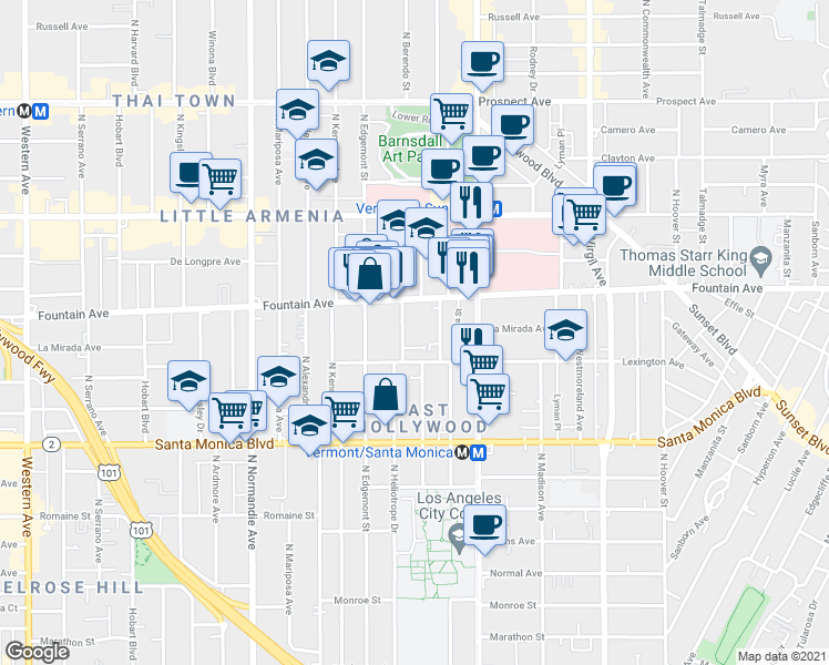 map of restaurants, bars, coffee shops, grocery stores, and more near 4820 Fountain Avenue in Los Angeles