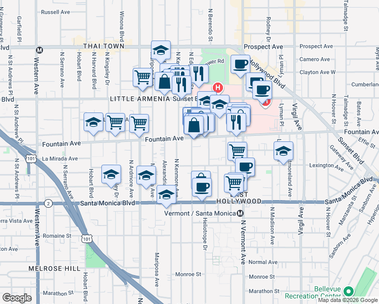 map of restaurants, bars, coffee shops, grocery stores, and more near in Los Angeles