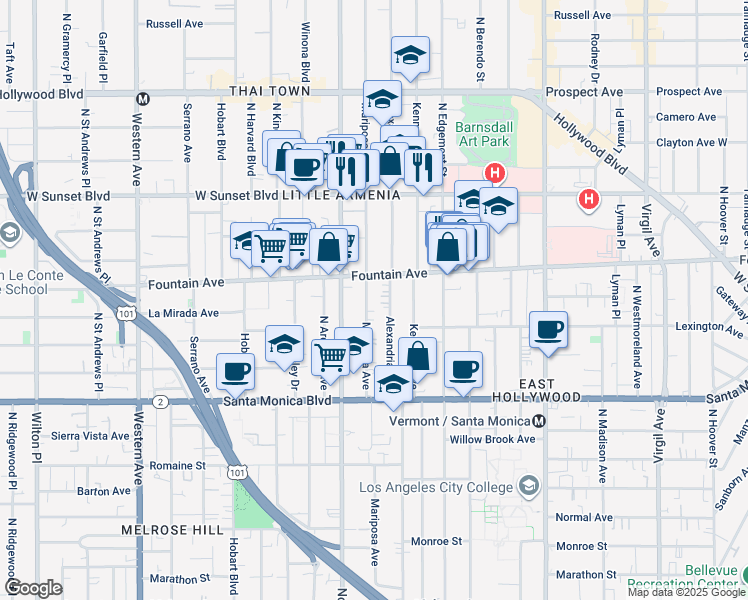 map of restaurants, bars, coffee shops, grocery stores, and more near 1256 North Mariposa Avenue in Los Angeles